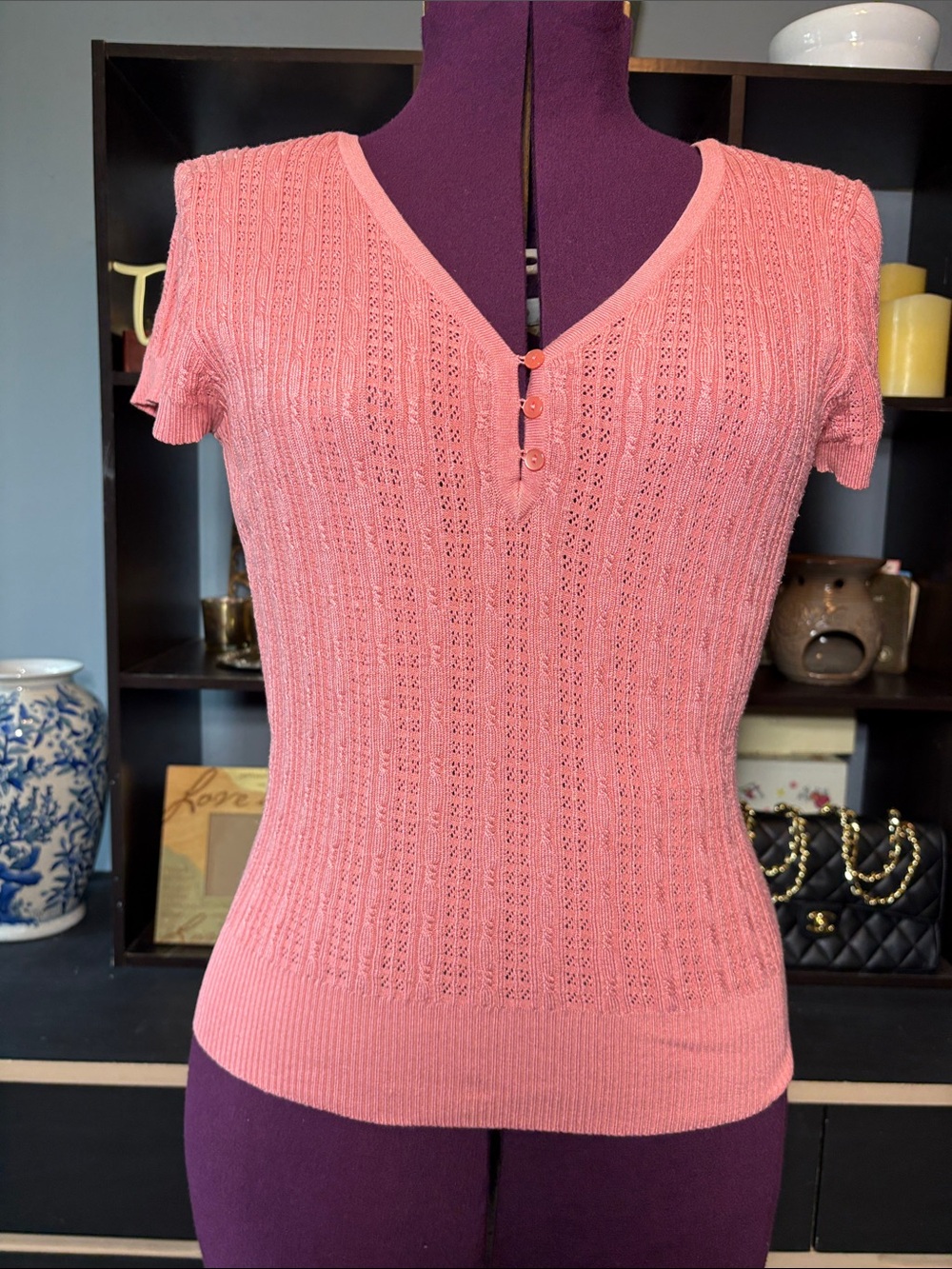 Women's Pink V-Neck Short Sleeve Sweater